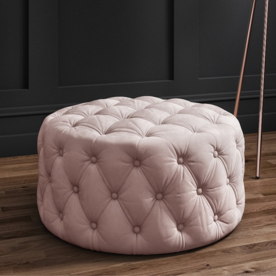 GRADE A1 - Xena Large Quilted Button Pouffe in Baby Pink Velvet