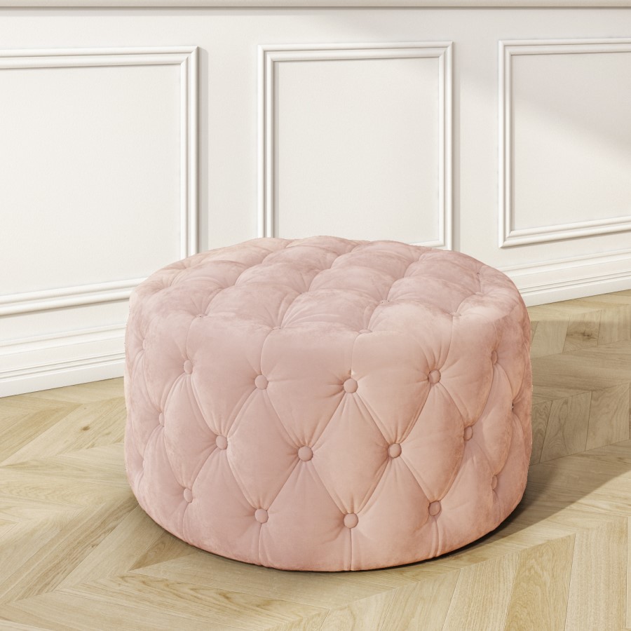 Xena Large Quilted Button Pouffe in Baby Pink Velvet