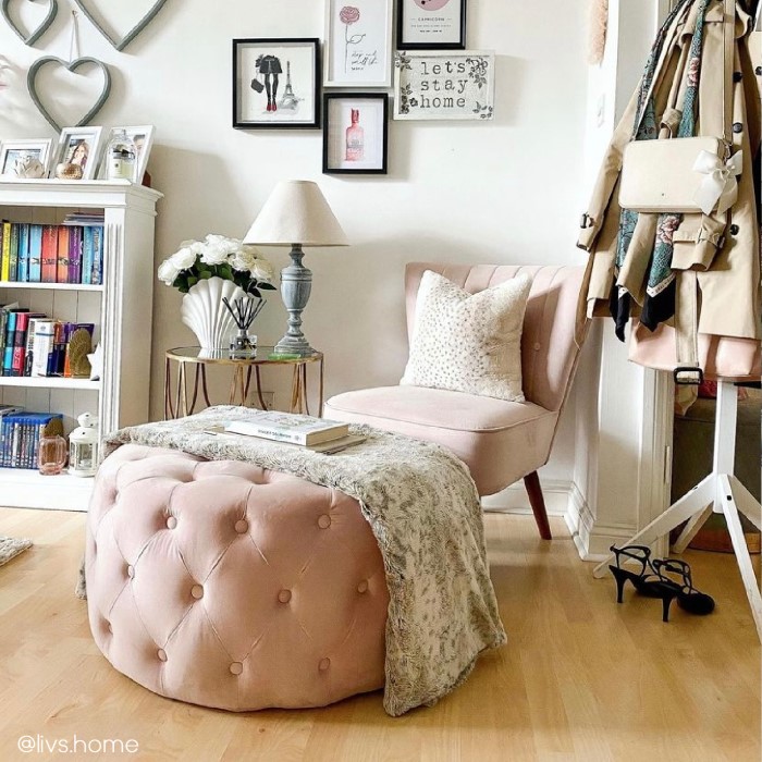 Xena Large Buttoned Footstool In Baby Pink Velvet
