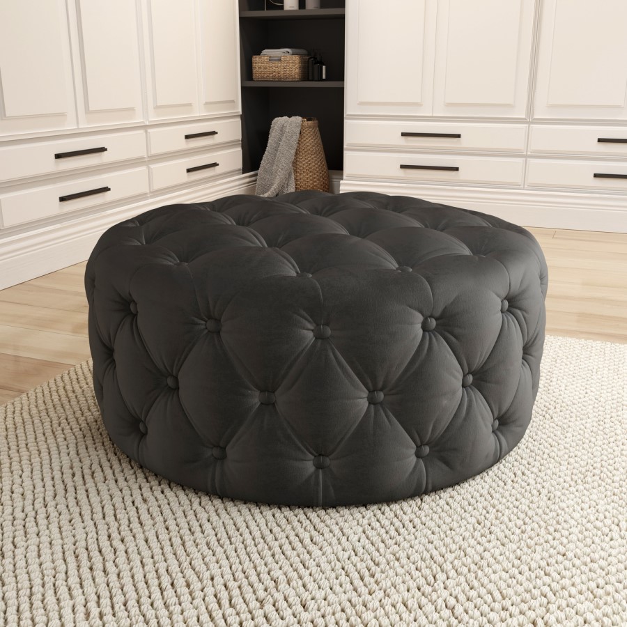GRADE A2 - Large Dark Grey Velvet Chesterfield Pouffe Stool - Xena