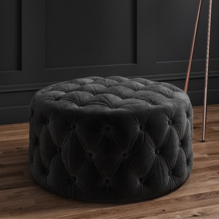 Xena Large Buttoned Footstool in Dark Grey Velvet