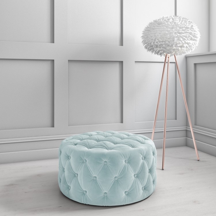 Xena Large Buttoned Footstool in Light Duck Egg Blue Velvet