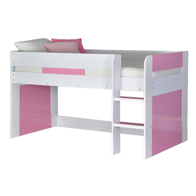 YoYo Girls Mid Sleeper Bed in White & Pink with Shelving Unit