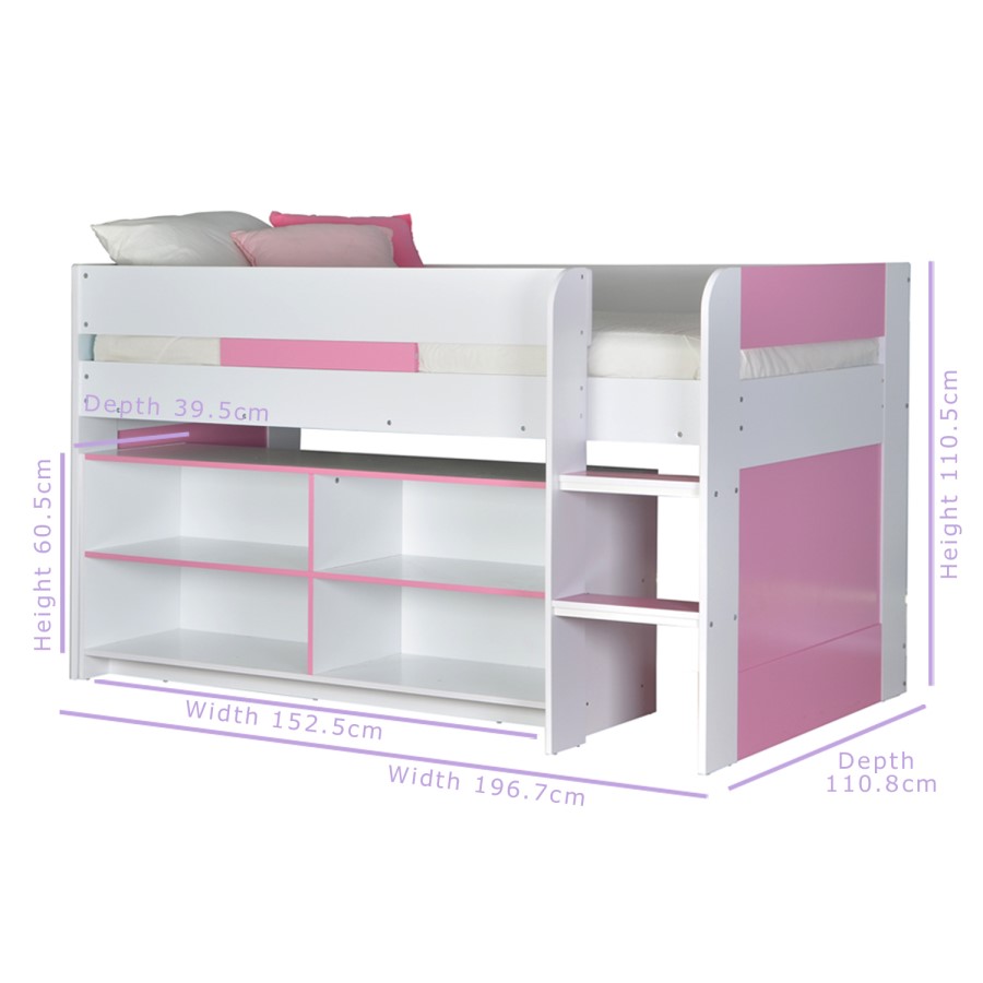 GRADE A1 - YoYo Girls Mid Sleeper Bed in White & Pink with Shelving Unit