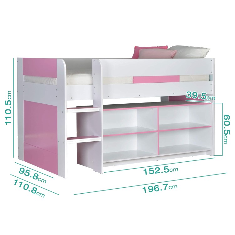 YoYo Girls Mid Sleeper Bed in White & Pink with Shelving Unit