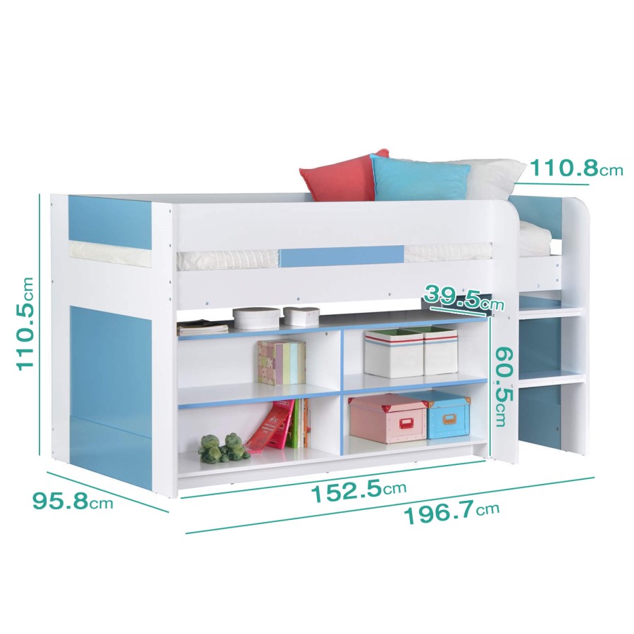YoYo Boys Mid Sleeper Bed in Blue & White with Shelving Unit