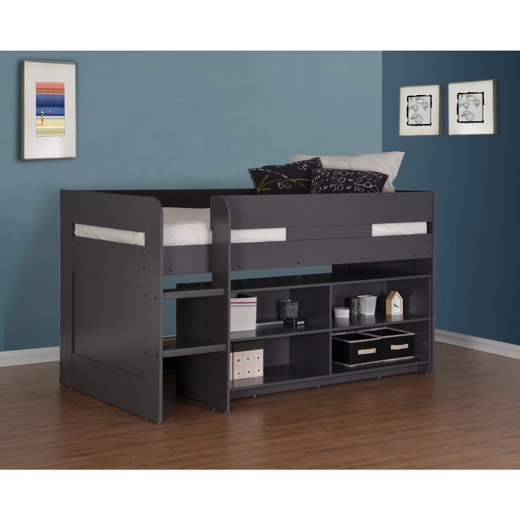 YoYo Dark Grey Mid Sleeper Bed with Shelving Unit