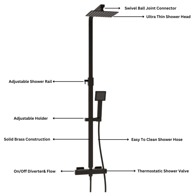 Black Thermostatic Bar Mixer Shower Set with Slide Rail Kit &  Hand Shower - Zana