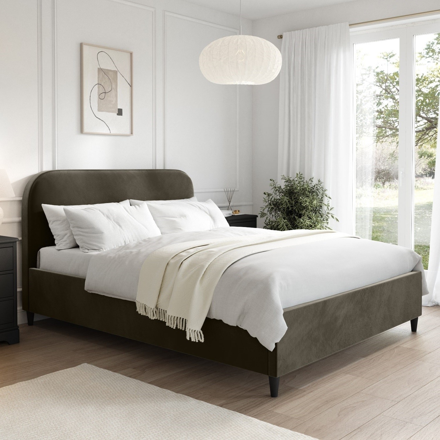 Khaki Green Velvet Upholstered King Bed Frame Curved Headboard