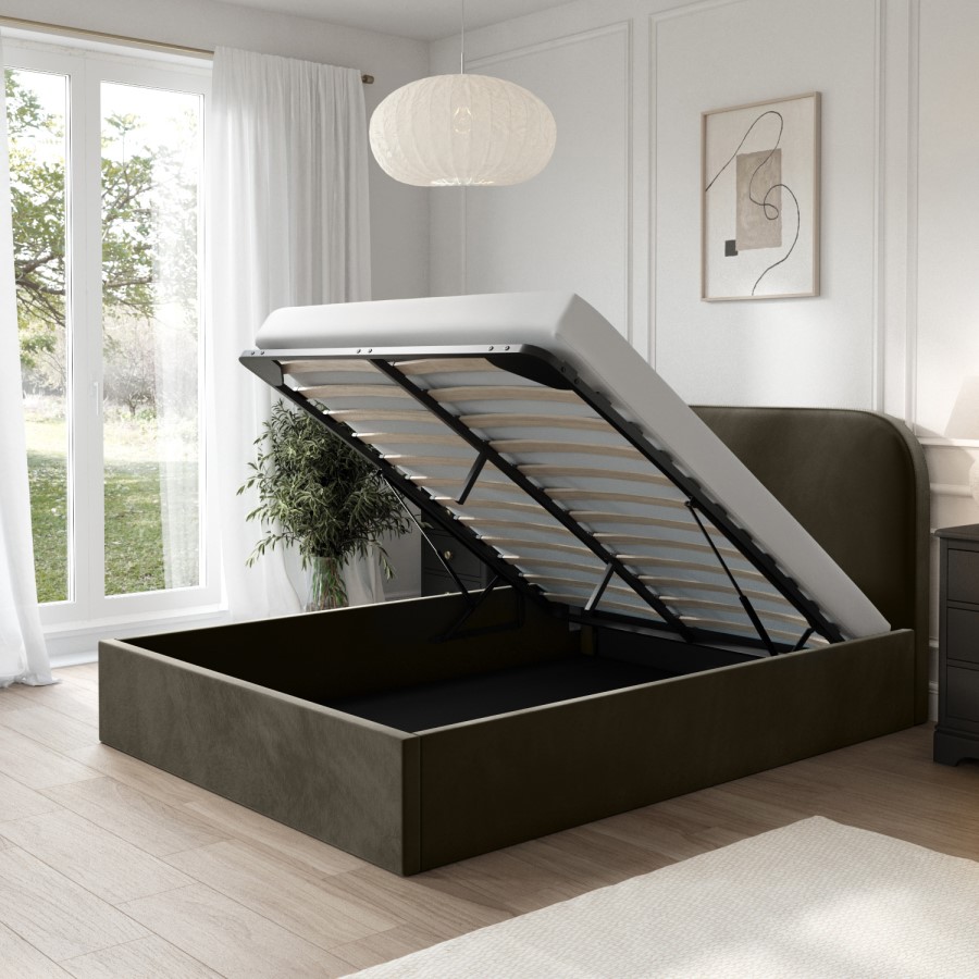 Khaki Green Velvet Upholstered Double Ottoman Bed with Curved Headboard - Zara