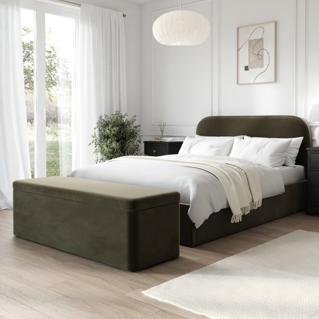 Khaki Green Velvet Double Ottoman Bed Frame - Zara