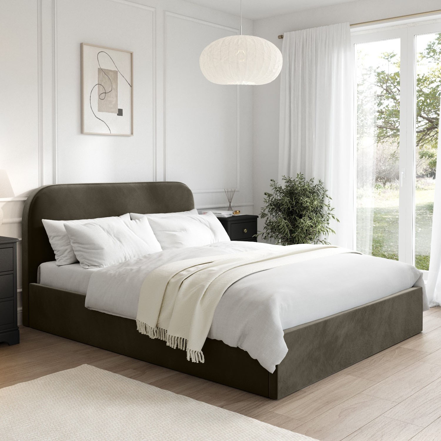 Khaki Green Velvet Upholstered King Ottoman Bed Curved Headboard
