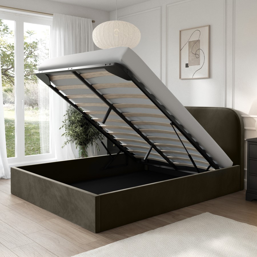 Khaki Green Velvet Upholstered King Size Ottoman Bed with Curved Headboard - Zara