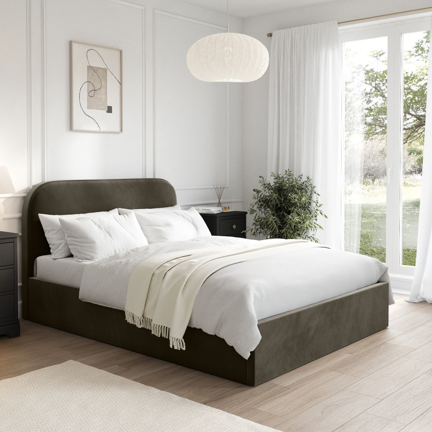 Khaki Green Velvet Upholstered Small Double Ottoman Bed Curved Headboard