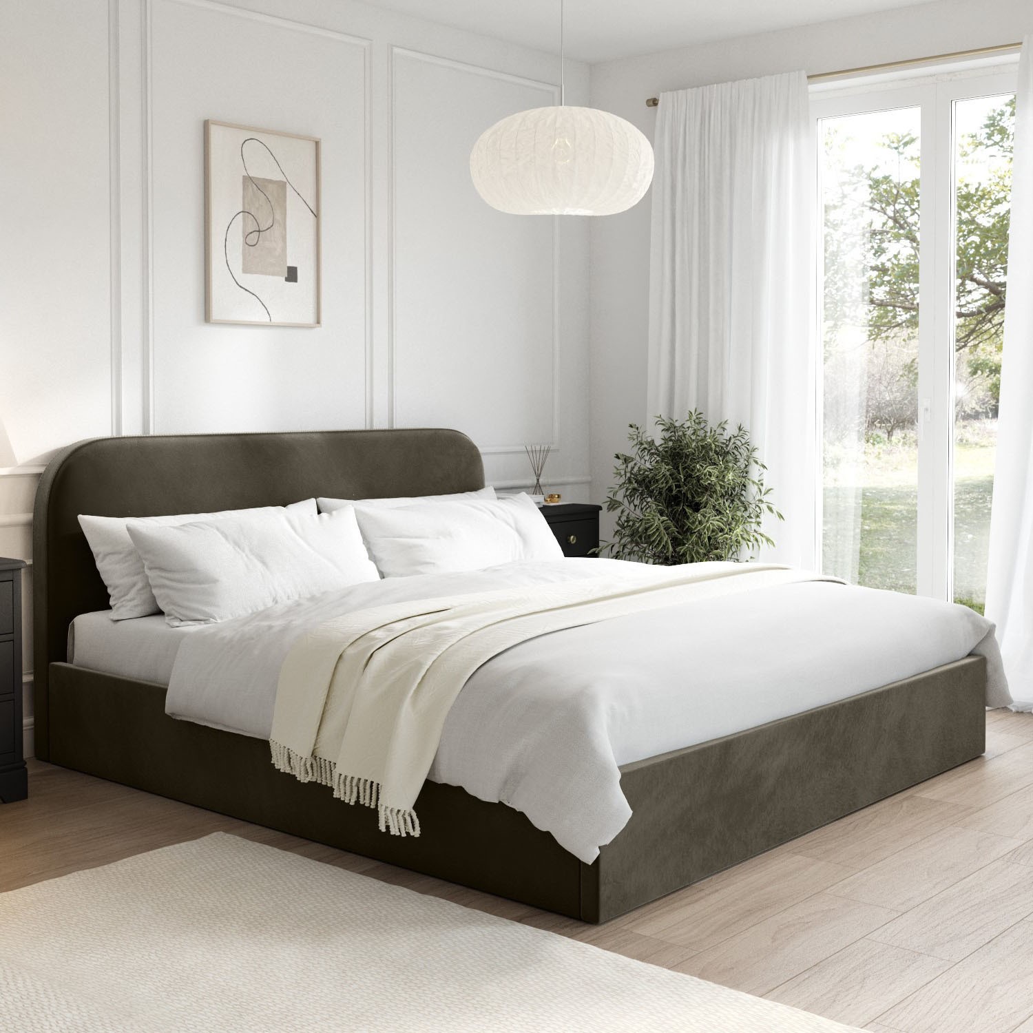 Zara Green Khaki Velvet Upholstered Super King Ottoman Bed With Curved Headboard