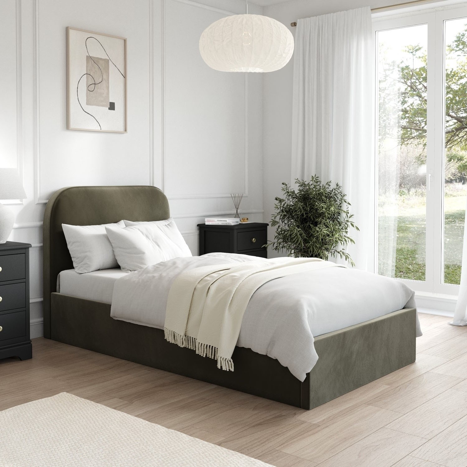 Zara Green Khaki Velvet Upholstered Single Ottoman Bed With Curved Headboard