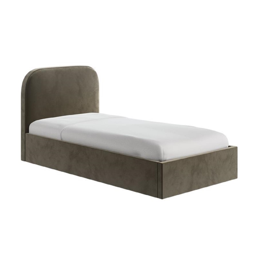 Khaki Green Velvet Upholstered Single Ottoman Bed with Curved Headboard - Zara
