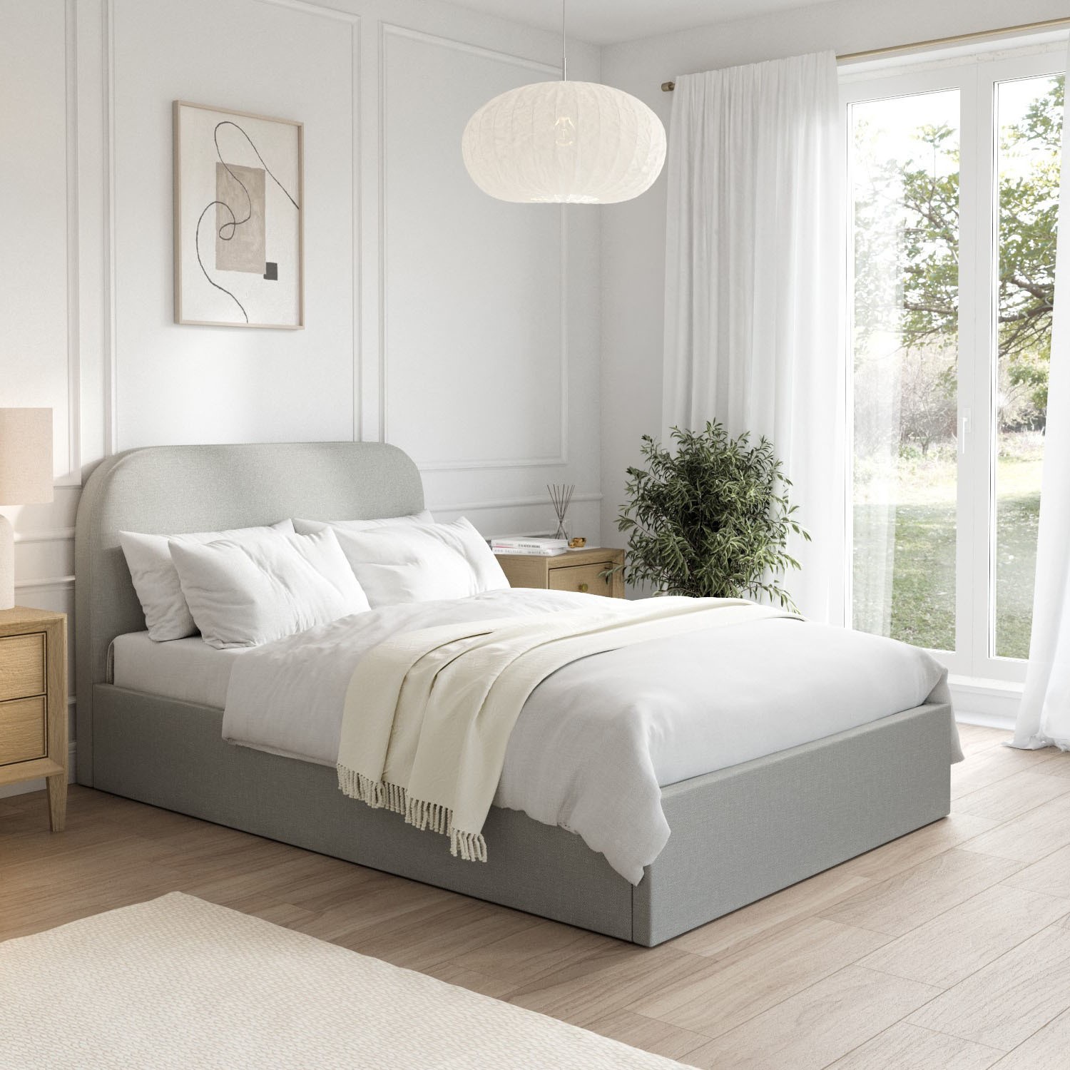 Upholstered Small Double Ottoman Bed Curved Headboard
