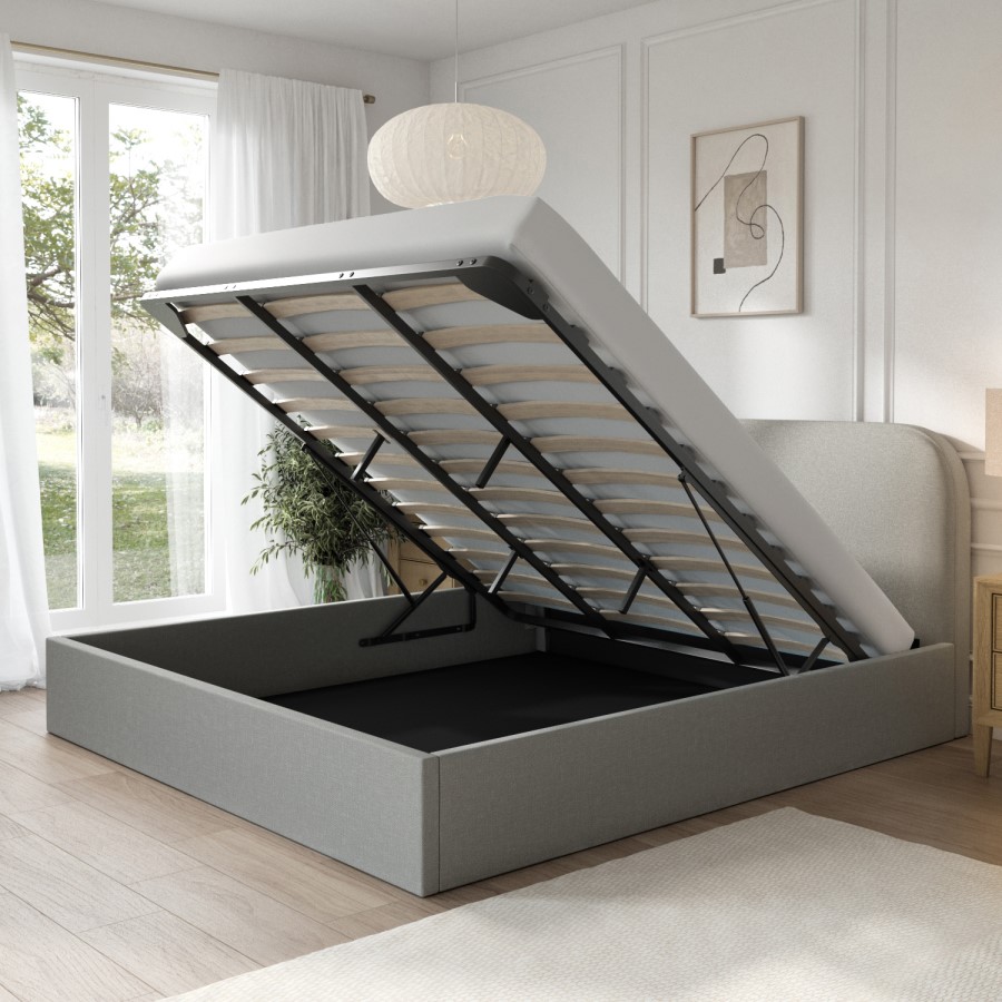 Grey Upholstered Super King Ottoman Bed with Curved Headboard - Zara