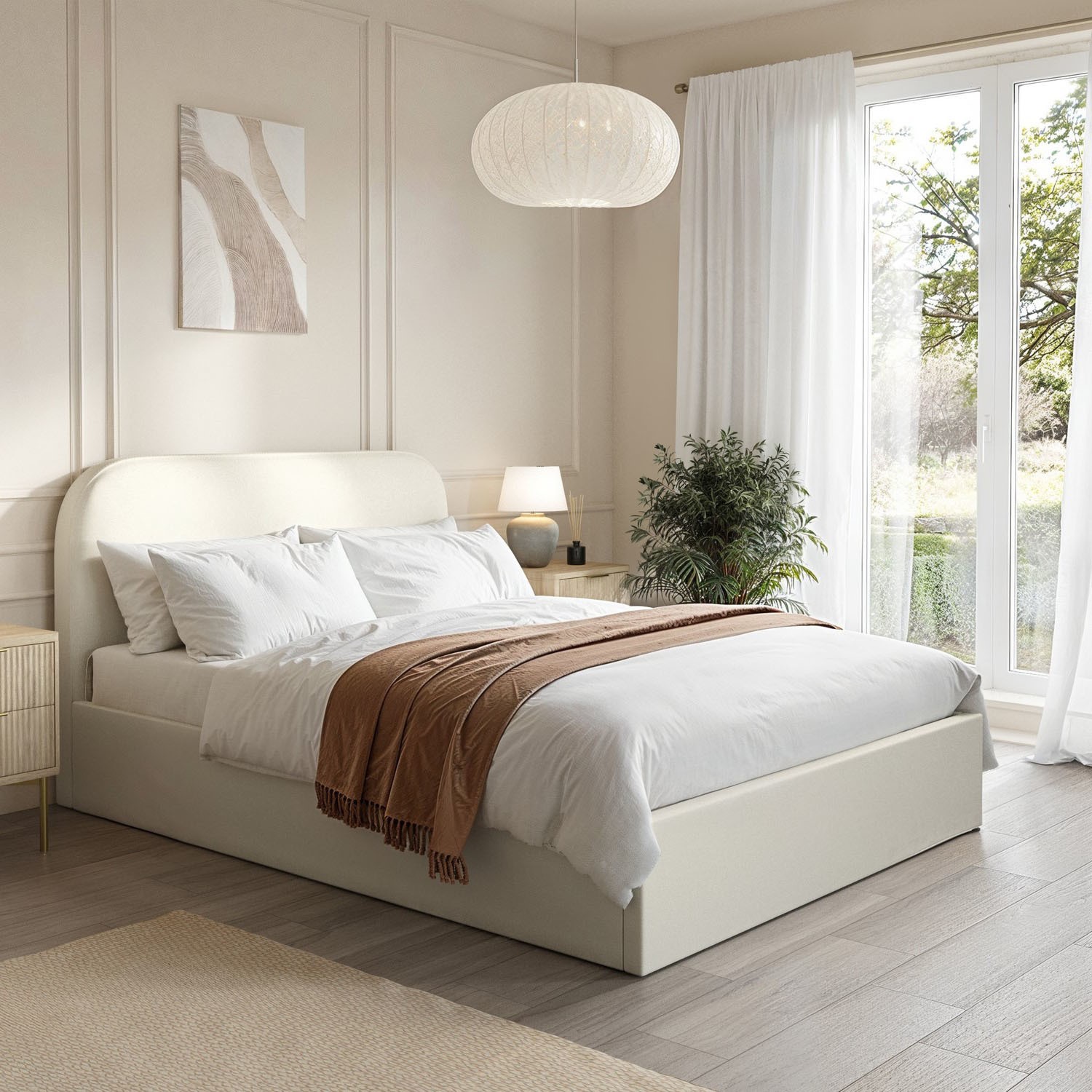 Zara Cream Upholstered Double Ottoman Bed With Curved Headboard