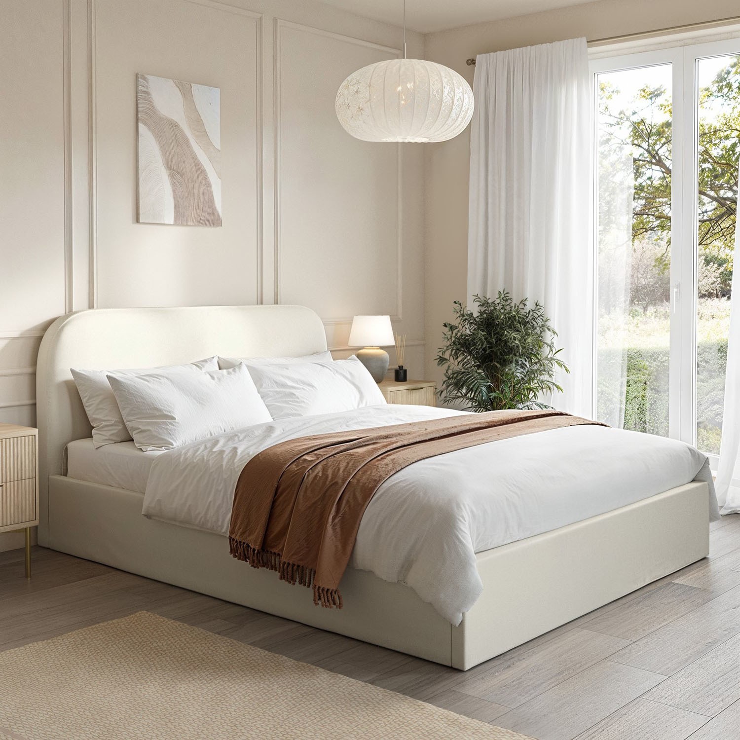 Upholstered King Ottoman Bed Curved Headboard