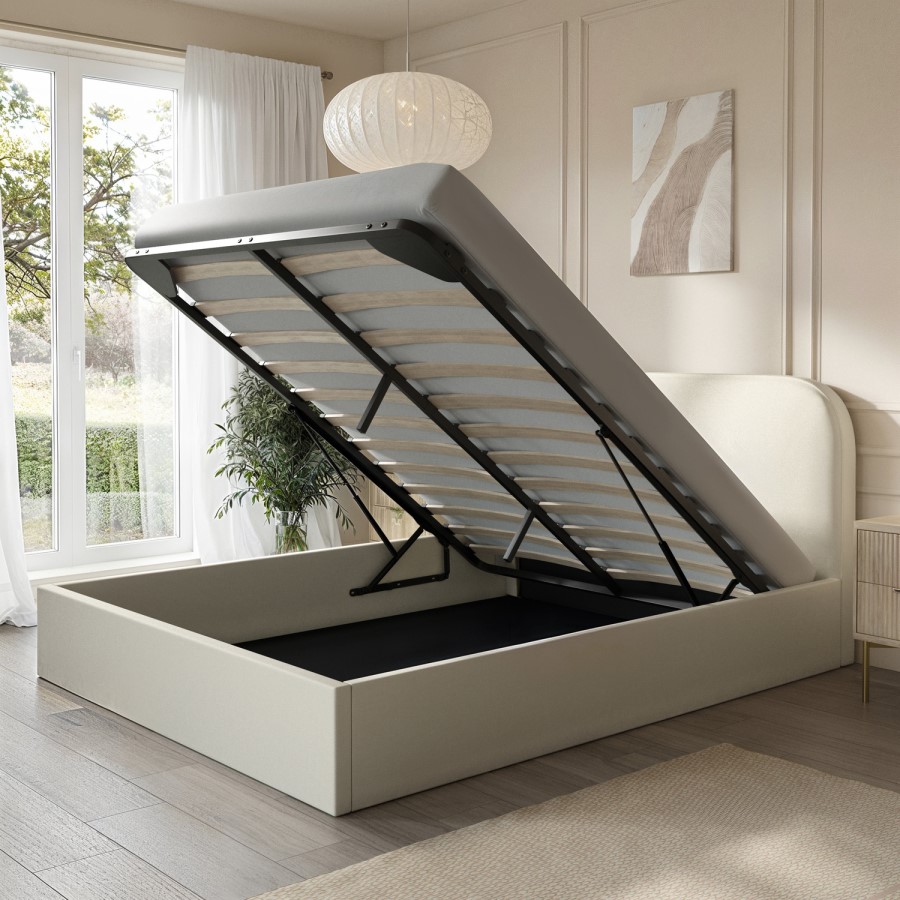 Cream Upholstered King Size Ottoman Bed with Curved Headboard - Zara