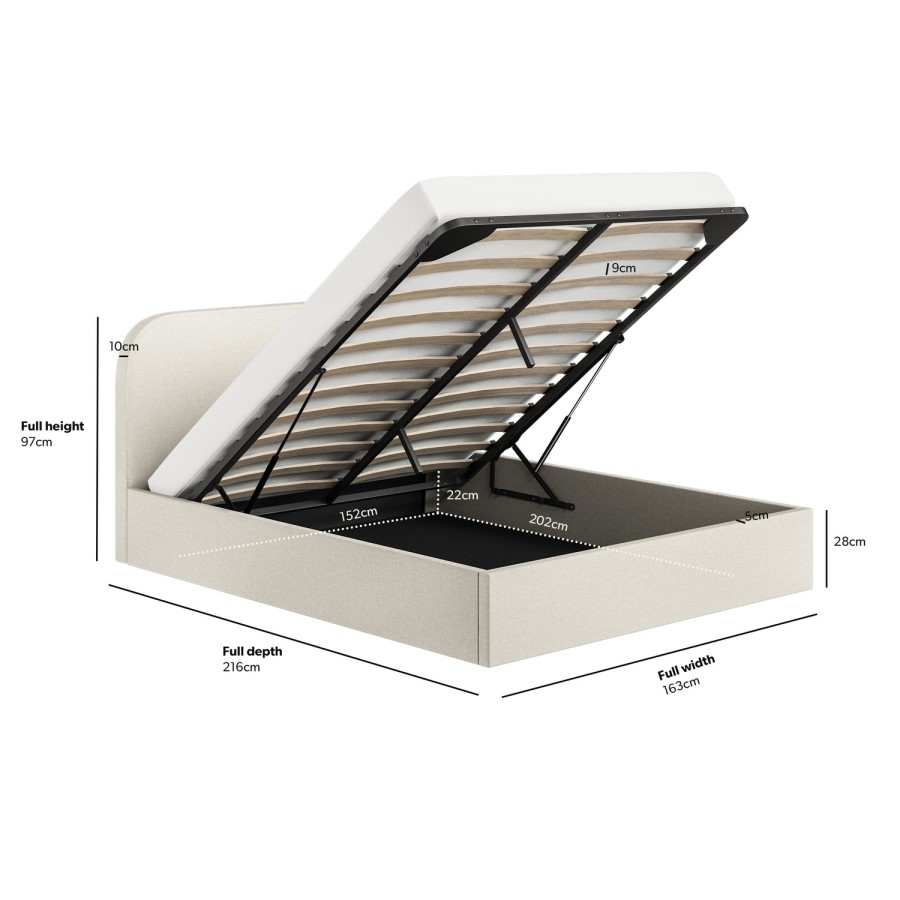 Cream Upholstered King Size Ottoman Bed with Curved Headboard - Zara