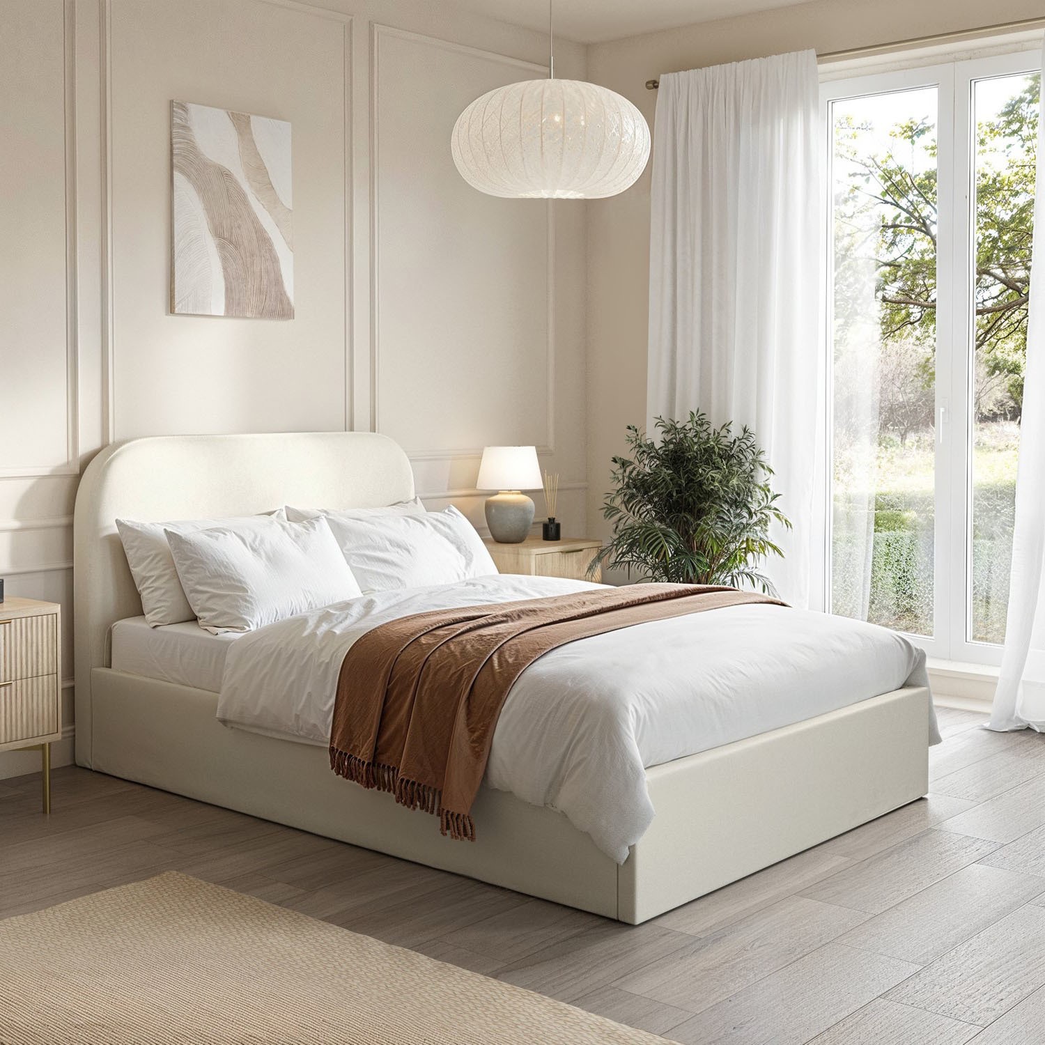 Zara Cream Upholstered Small Double Ottoman Bed With Curved Headboard