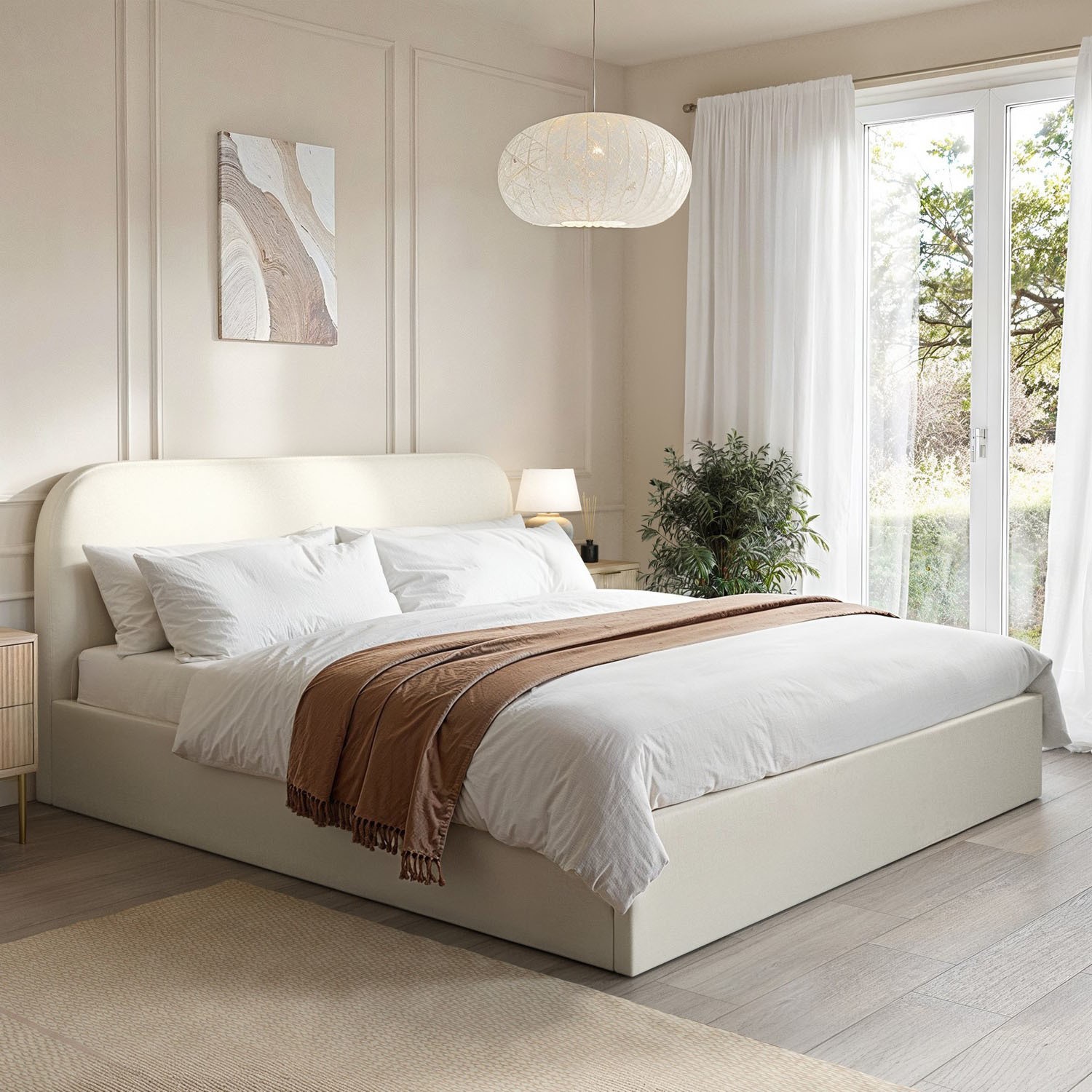 Zara Cream Upholstered Super King Ottoman Bed With Curved Headboard