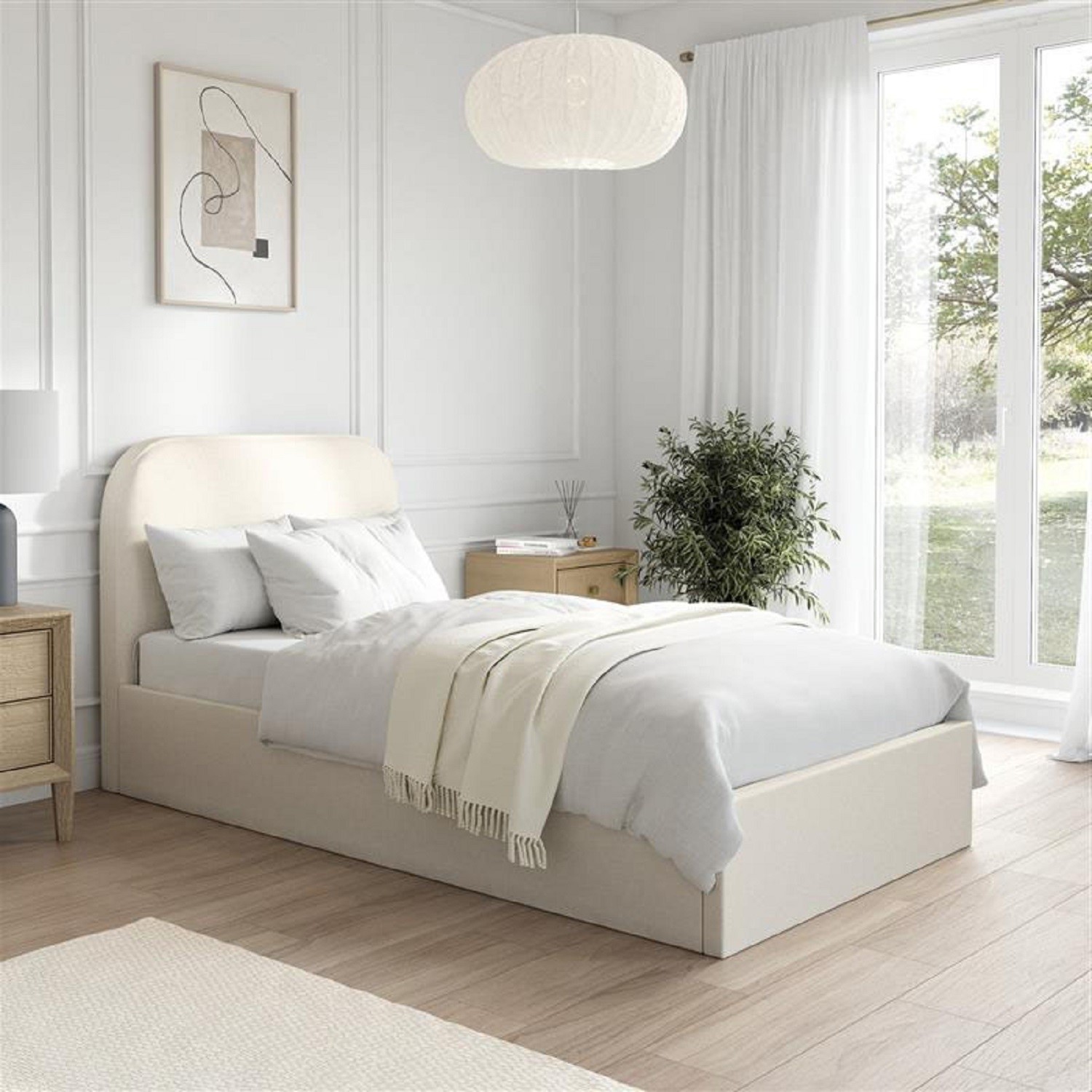 Zara Cream Upholstered Single Ottoman Bed With Curved Headboard
