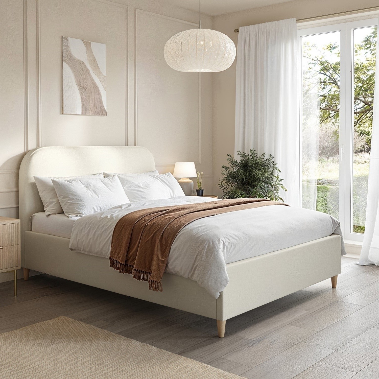 Zara Cream Upholstered Double Bed Frame With Curved Headboard