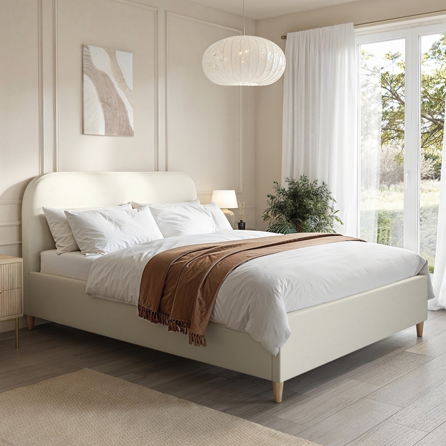 Upholstered King Bed Frame Curved Headboard