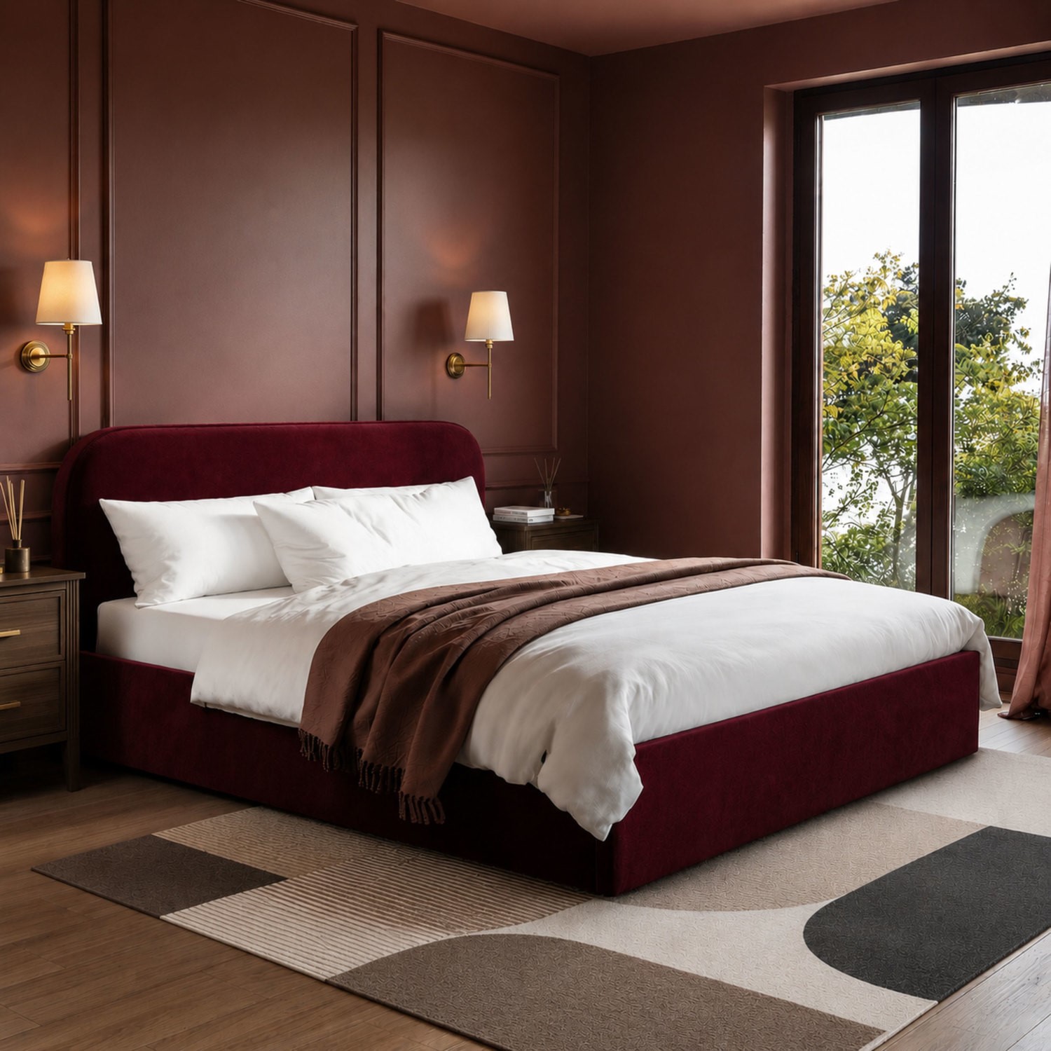 Velvet Upholstered King Ottoman Bed Curved Headboard