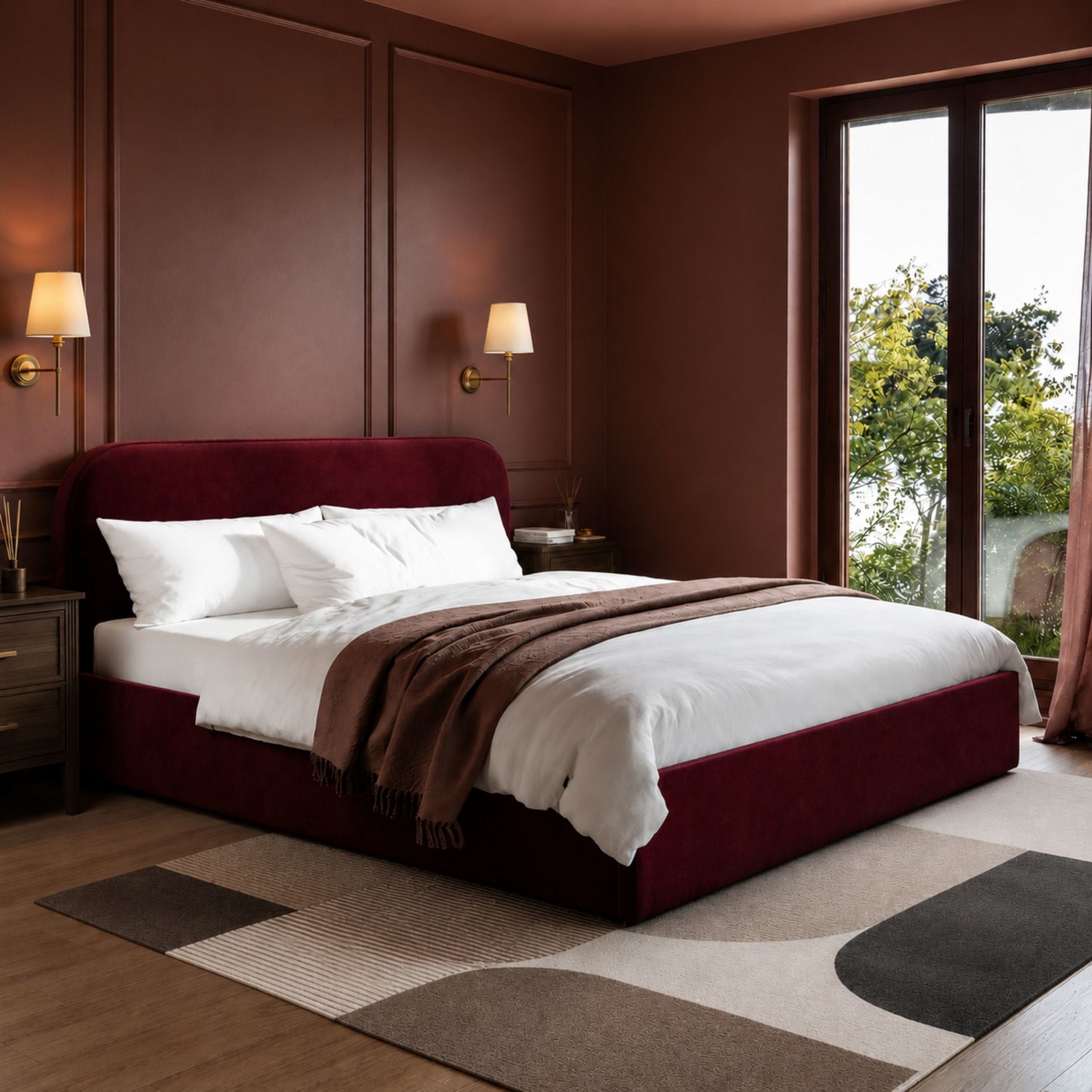 Velvet Upholstered Super King Ottoman Bed Curved Headboard