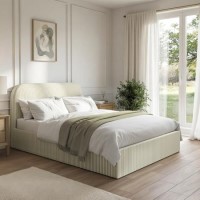 Cream and Sage Striped Double Ottoman Bed With Curved Headboard - Zara