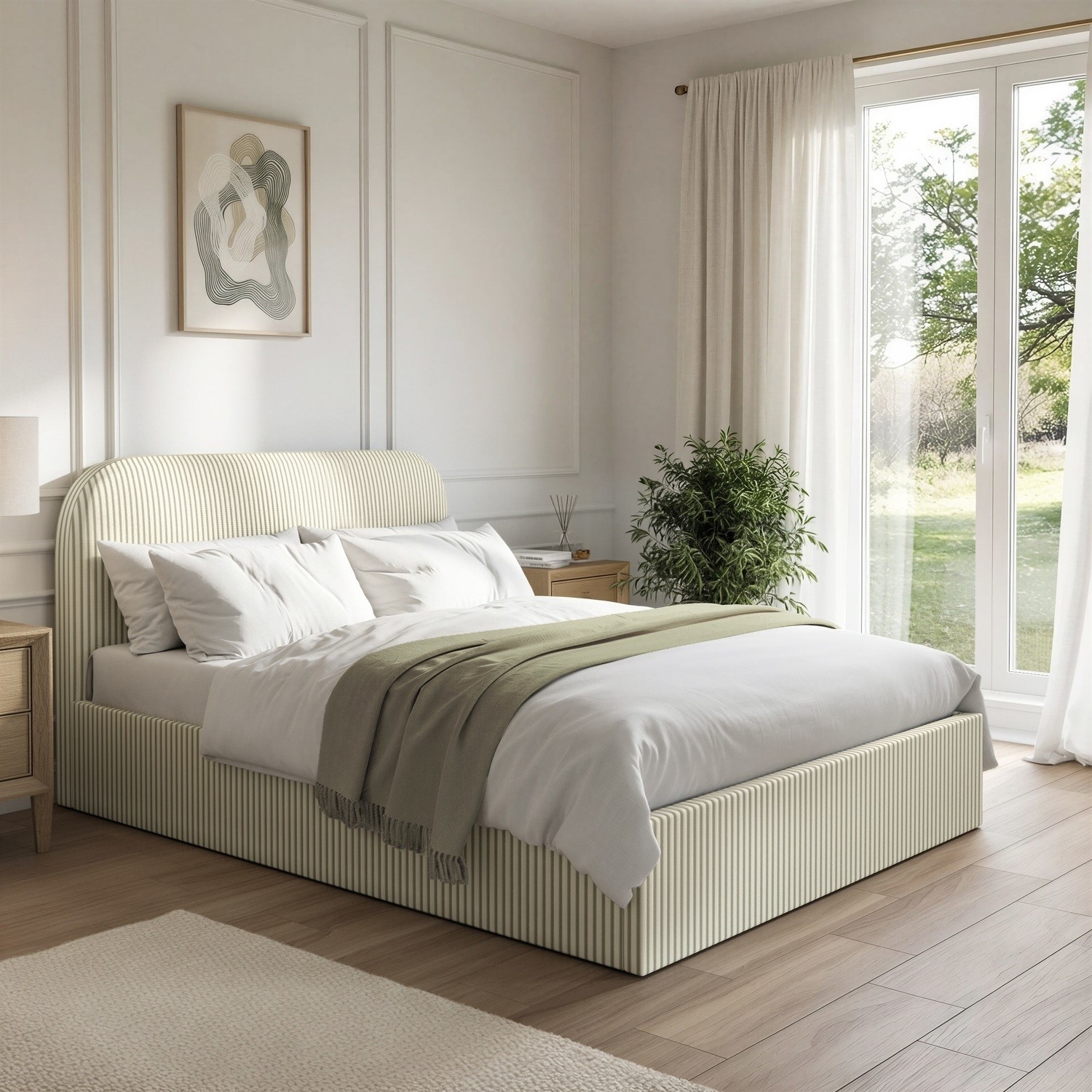 Cream Striped Double Ottoman Bed Curved Headboard
