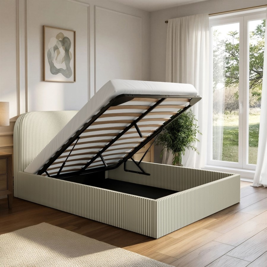 Cream and Sage Striped Double Ottoman Bed With Curved Headboard - Zara