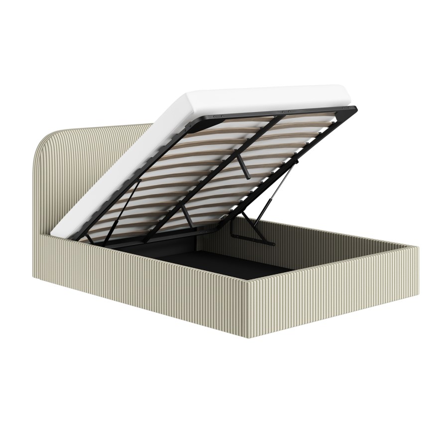 Cream and Sage Striped Double Ottoman Bed With Curved Headboard - Zara
