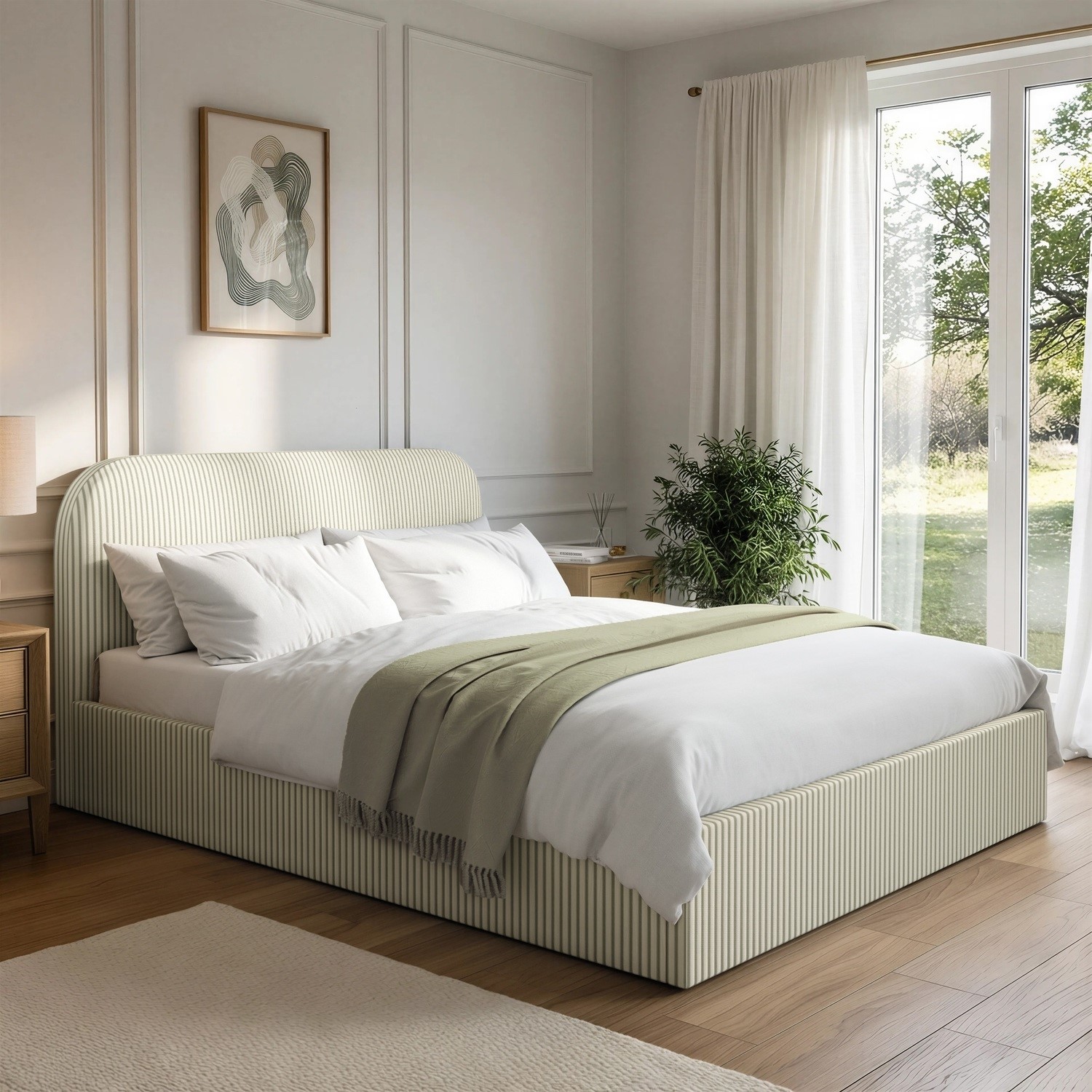 Cream Striped King Ottoman Bed Curved Headboard