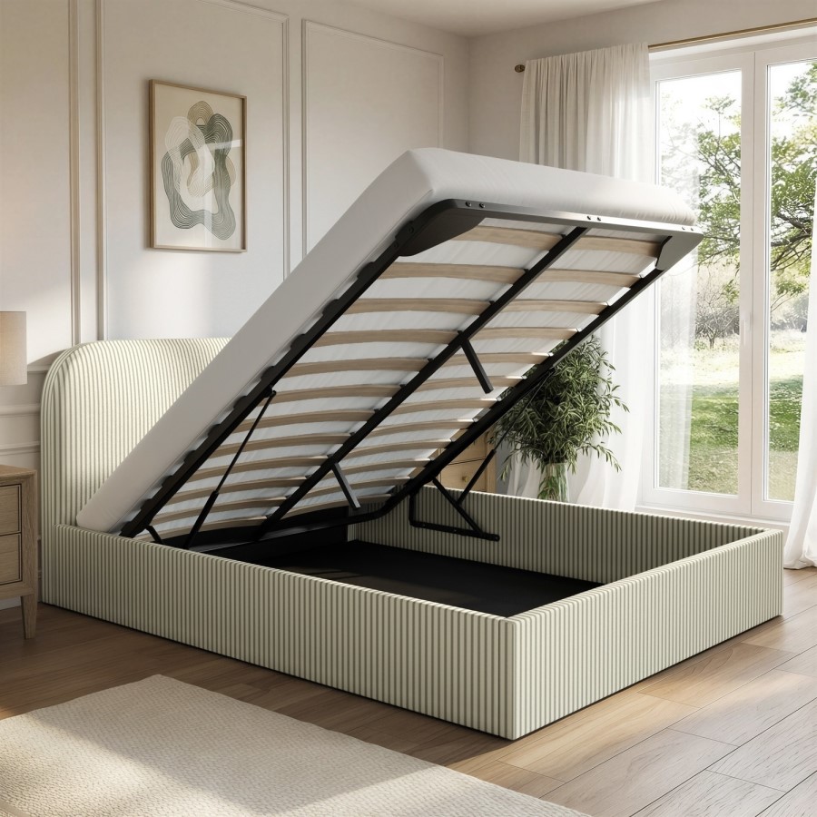 Cream and Sage Striped King Size Ottoman Bed With Curved Headboard - Zara