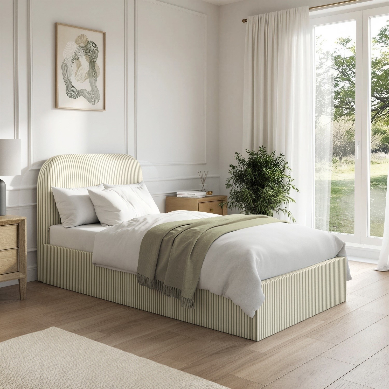 Cream Striped Single Ottoman Bed Curved Headboard