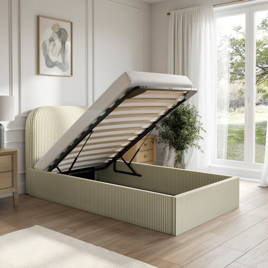 Cream and Sage Striped Single Ottoman Bed With Curved Headboard - Zara
