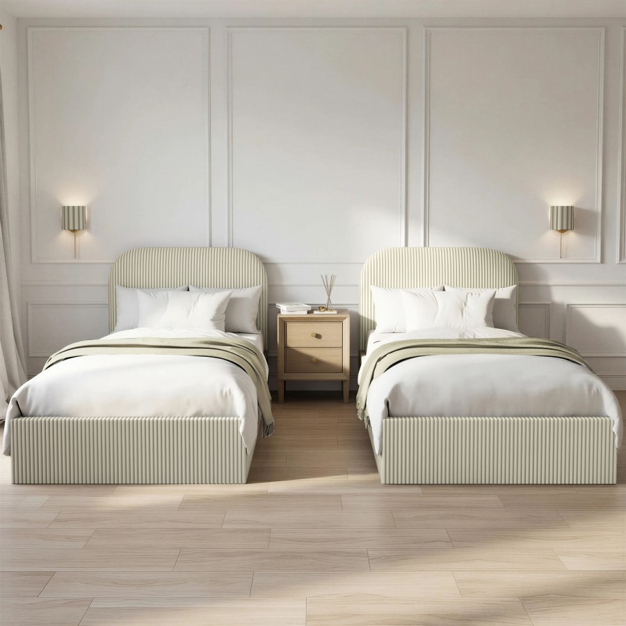 Cream and Sage Striped Single Ottoman Bed With Curved Headboard - Zara