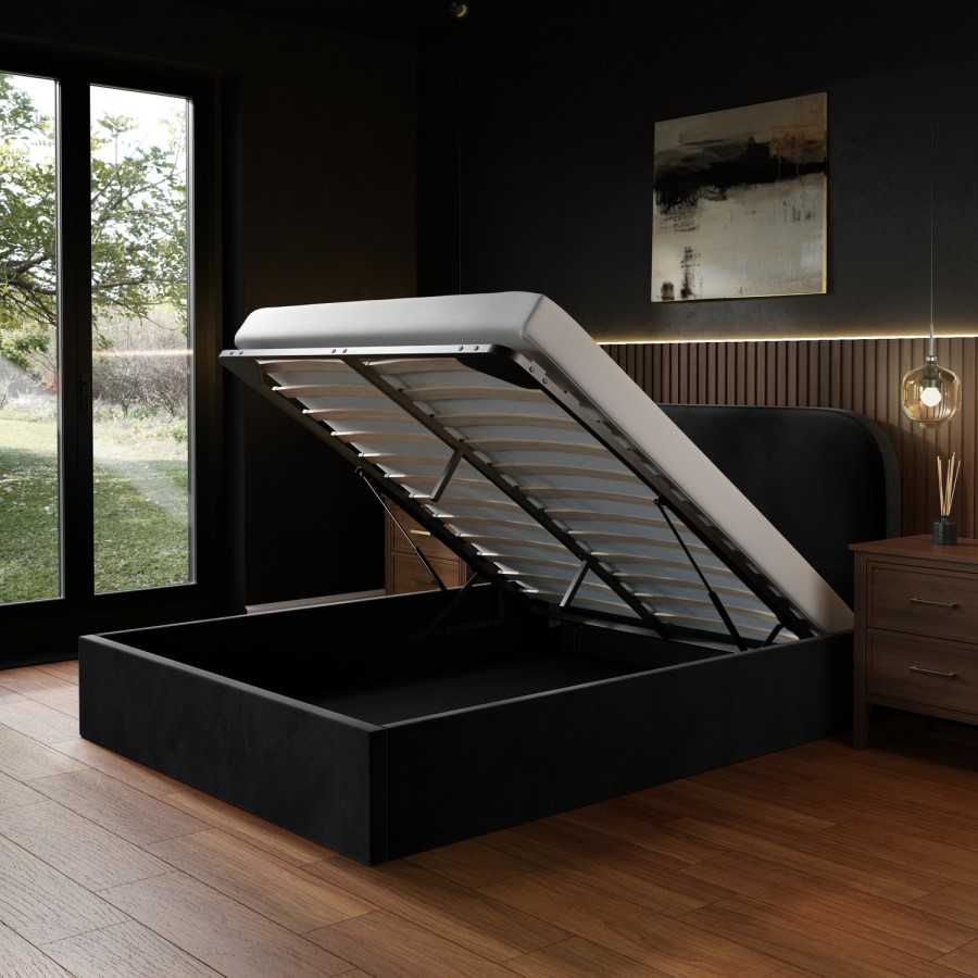 Black Velvet Upholstered Double Ottoman Bed with Curved Headboard - Zara