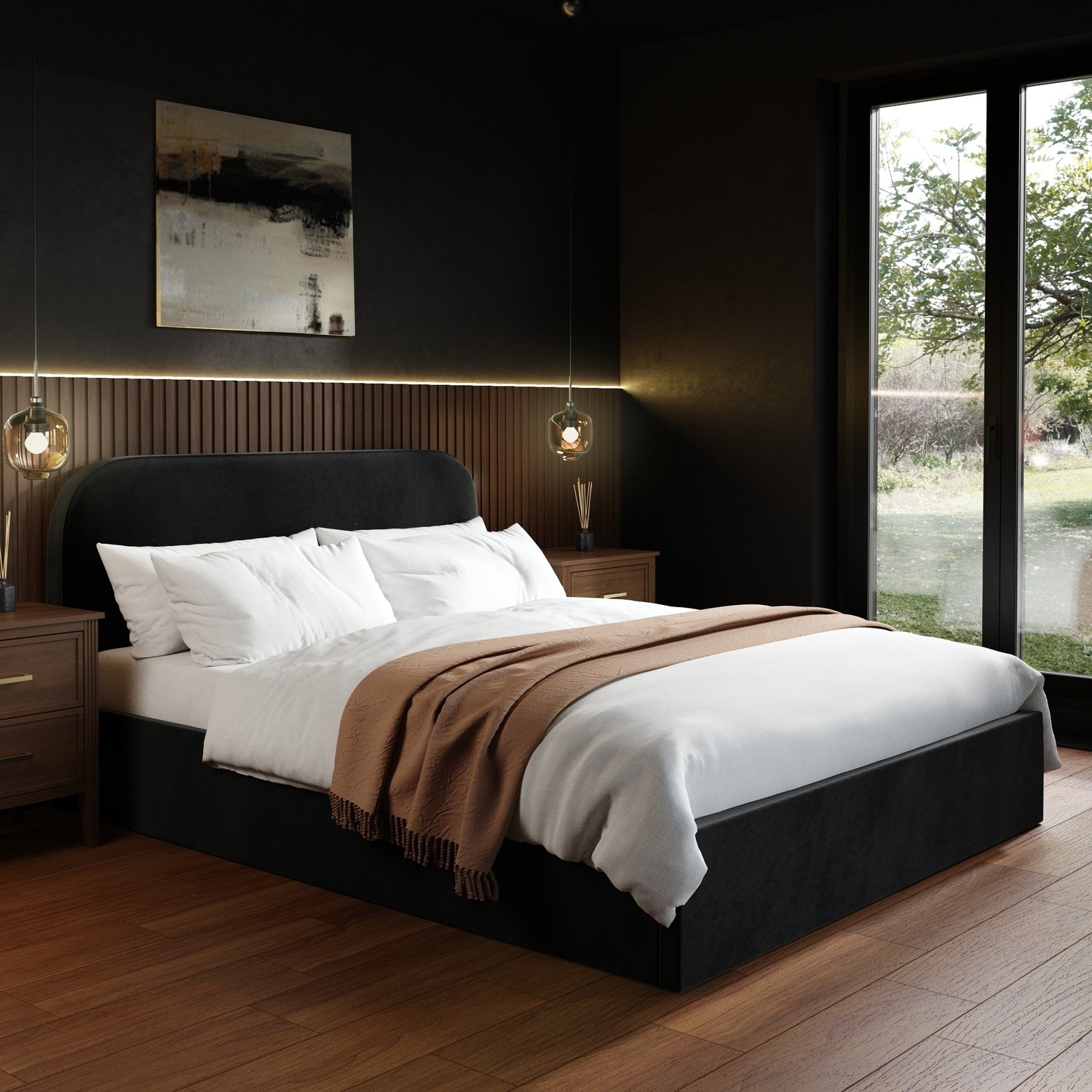 King Velvet Upholstered Ottoman Bed Curved Headboard