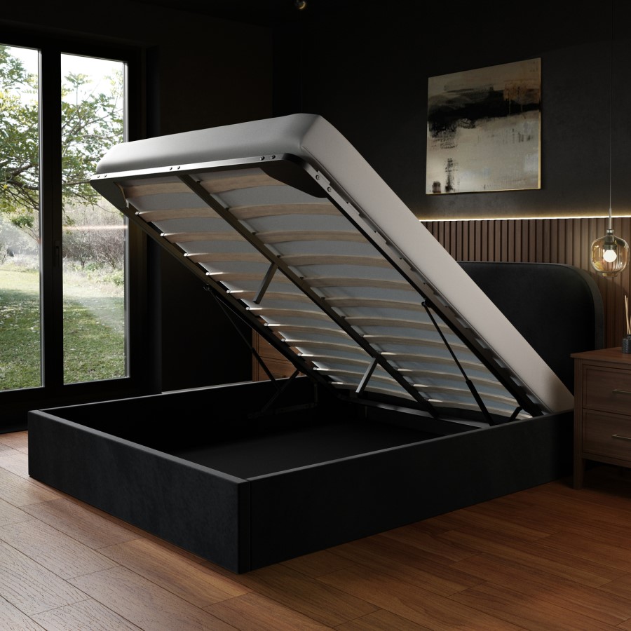 Black Velvet Upholstered King Ottoman Bed with Curved Headboard - Zara