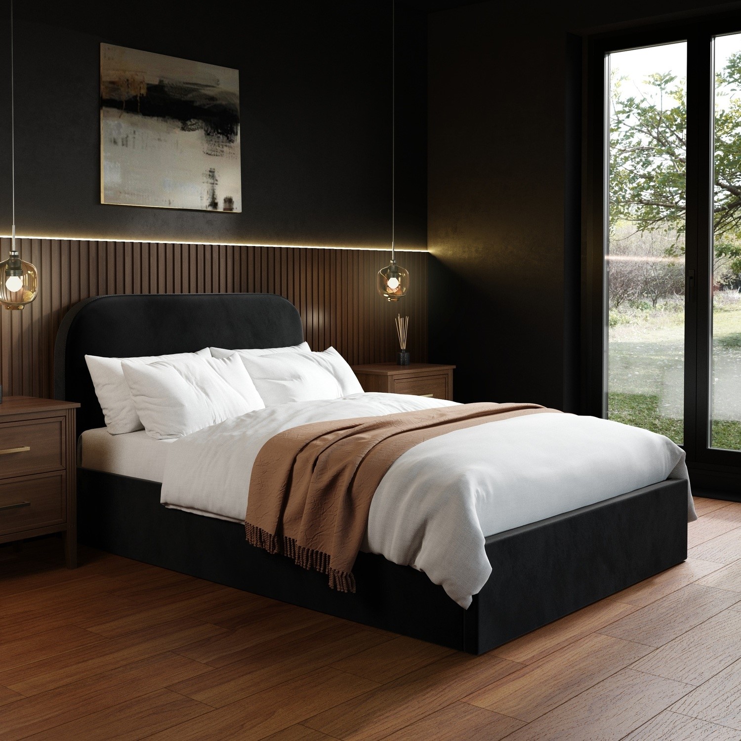 Velvet Upholstered Small Double Ottoman Bed Curved Headboard