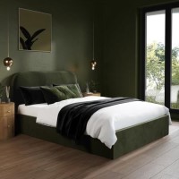 Green Upholstered Double Ottoman Bed with Curved Headboard - Zara