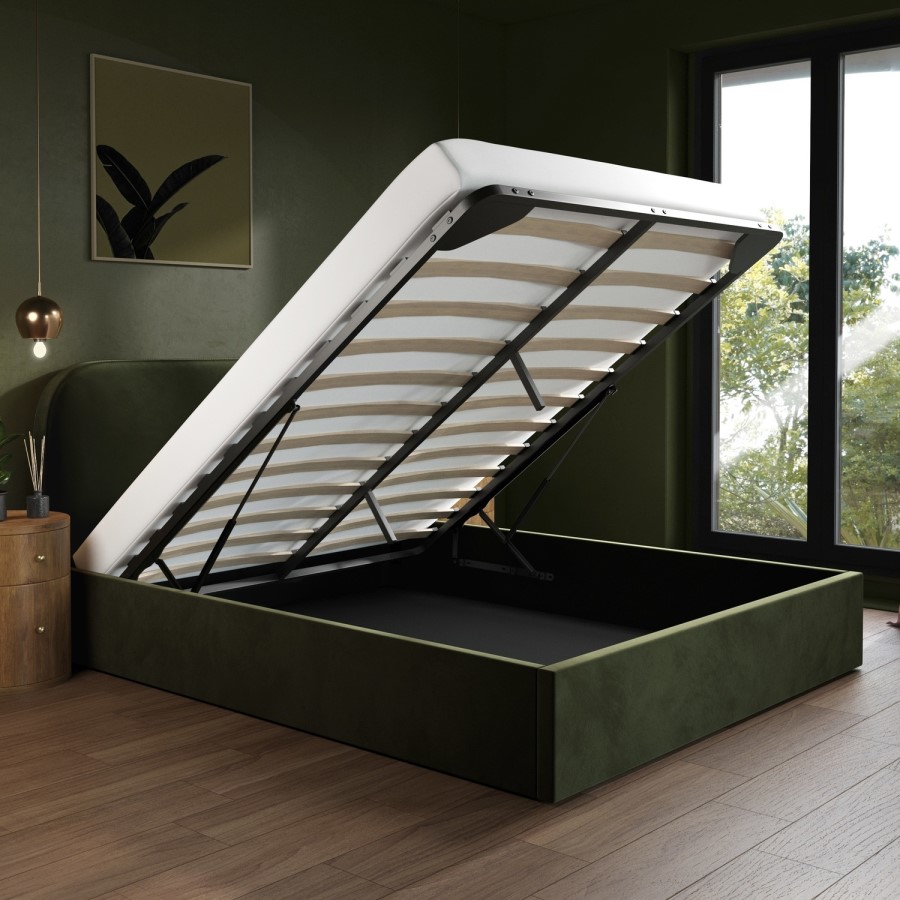 Green Upholstered King Ottoman Bed with Curved Headboard - Zara