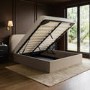 Beige Upholstered Double Ottoman Bed with Curved Headboard - Zara